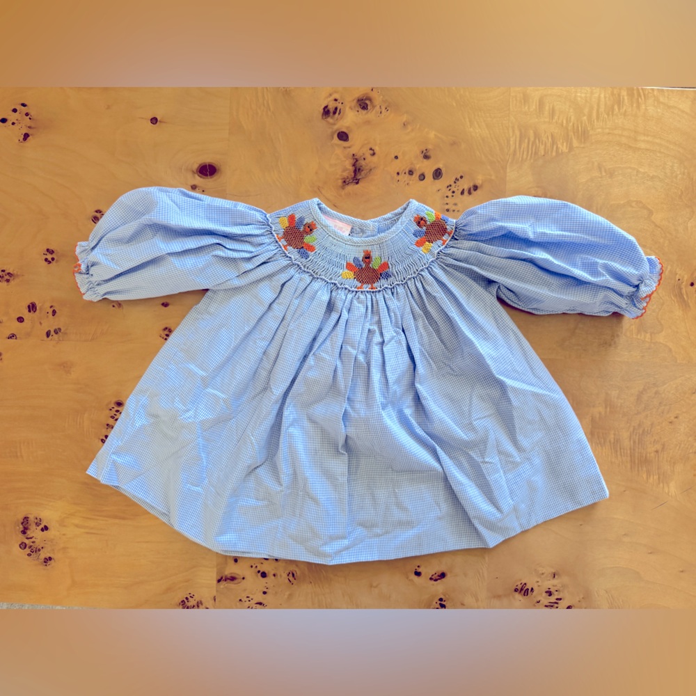 Petit Bebe Baby Girls Gingham Turkey Dress in Blue | 3M